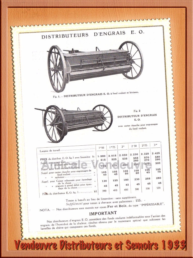 Tarif de Janvier 1933 : Distributeurs d'engrais type E.O.