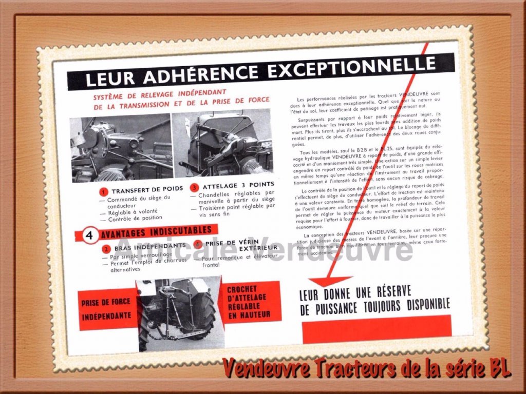Dépliant, Les 5 tracteurs à refroidissement par air Vendeuvre de la série BL. Argumentation des avantages du relevage Agrodyne et des accessoires.