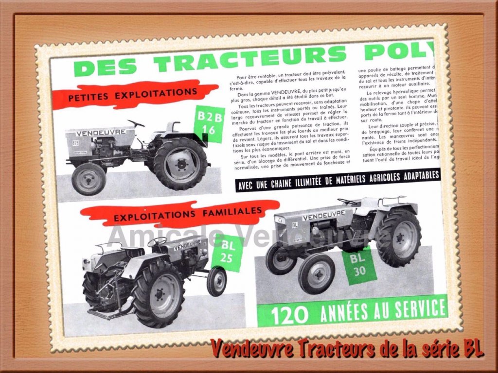Dépliant, Les 5 tracteurs à refroidissement par air Vendeuvre de la série BL. Argumentation de la polyvalence des Vendeuvre.
