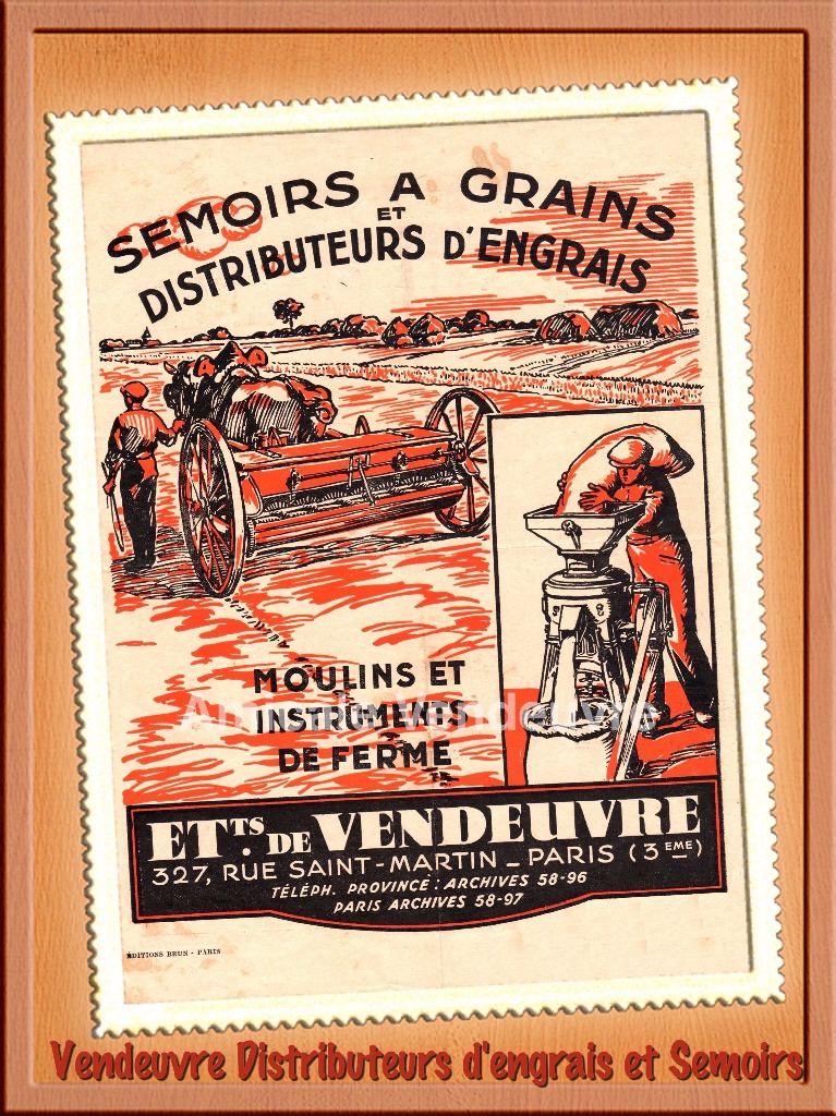 Affiche pour les semoirs à grains, les épandeurs d'engrais, les moulins à farine et instruments de ferme.