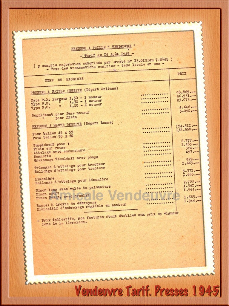 Août 1945 tarif des presses en provenance des usines d'Orléans et de Lomme lez Lille.
