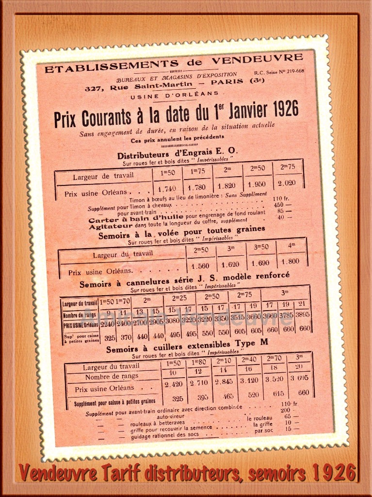 1er Janvier 1926, page 1 du tarif des distributeurs d'engrais et semoirs Vendeuvre