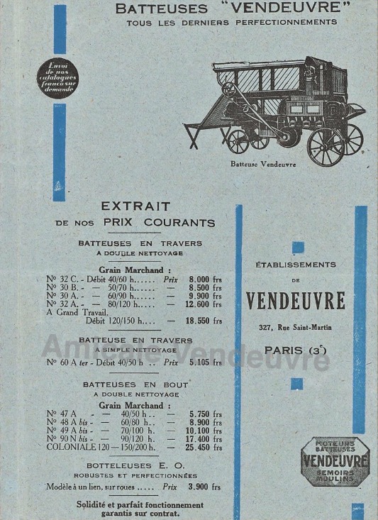 Extrait du tarif des batteuses et presses en Janvier 1930.