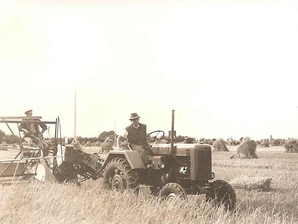 La moisson avec le tracteur VENDEUVRE BB avec des ailes plates et la moissonneuse lieuse dans l'Eure.