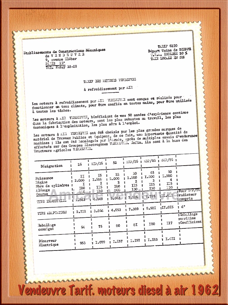 Octobre 1962 tarif de la gamme des moteurs diesel Vendeuvre à refroidissement par air