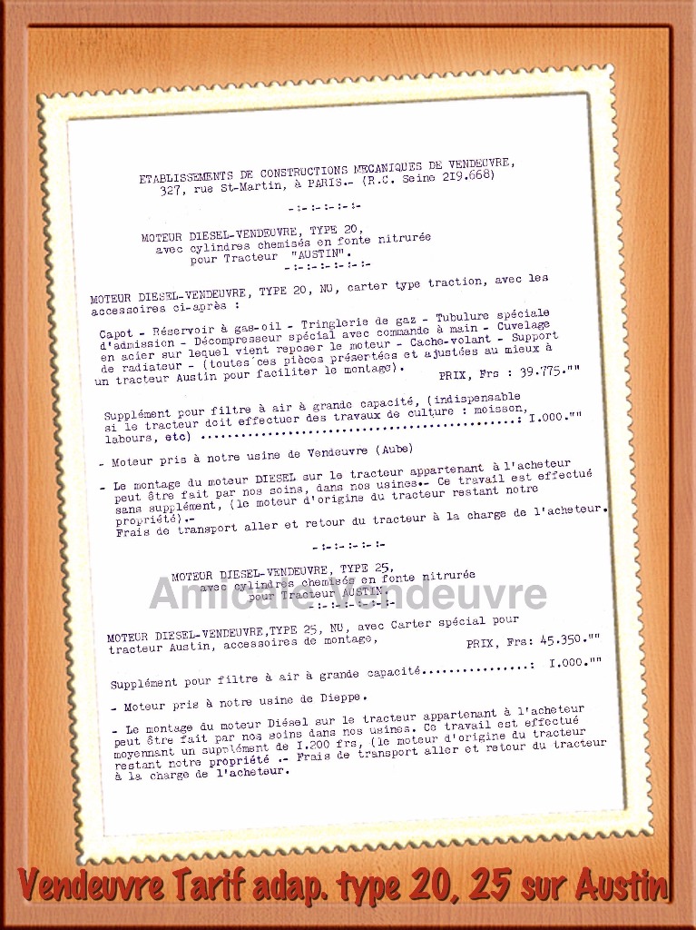Tarif de re-motorisation d'un tracteur Austin avec un moteur Vendeuvre type 20 et type 25 NU.