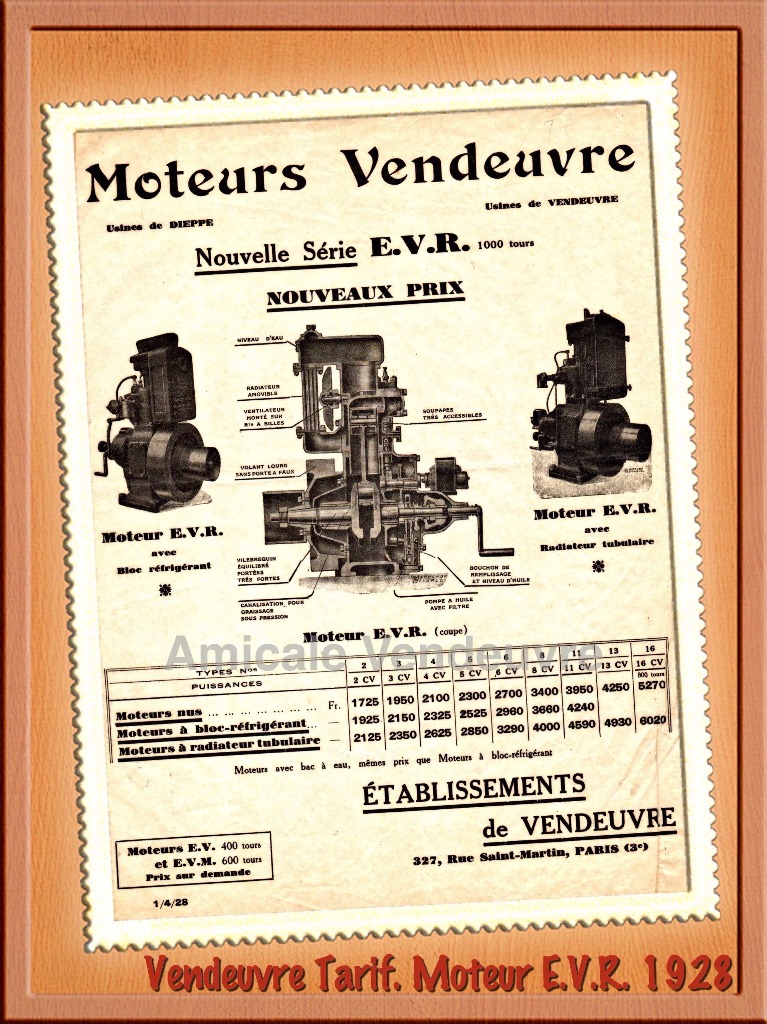 Avril 1928 tarif des nouveaux moteurs type EVR.