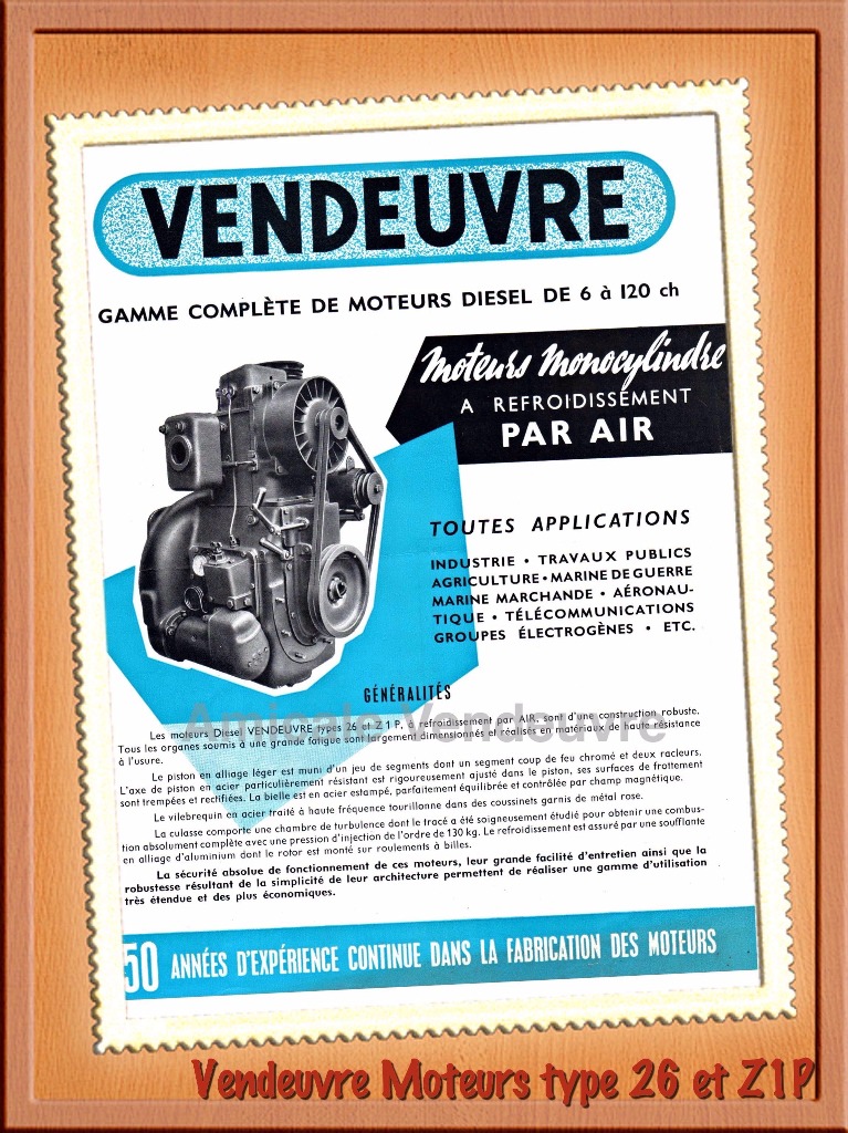 Prospectus : Les moteurs Vendeuvre mono-cylindre à refroidissement par air.