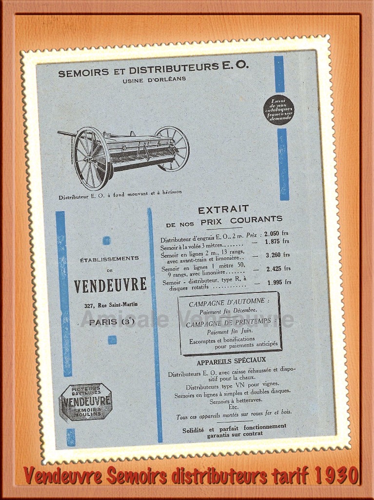 Flyer tarif des semoirs et distributeurs d'engrais en Janvier 1930.