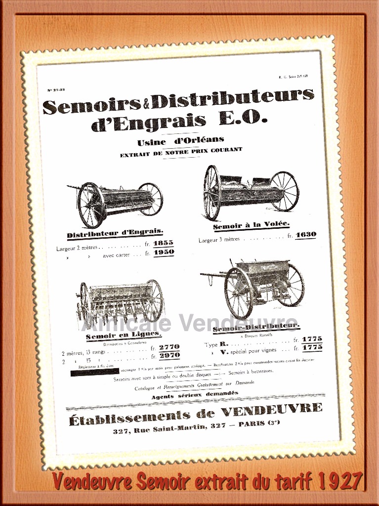 Tarif des semoirs et distributeurs d'engrais en 1927.