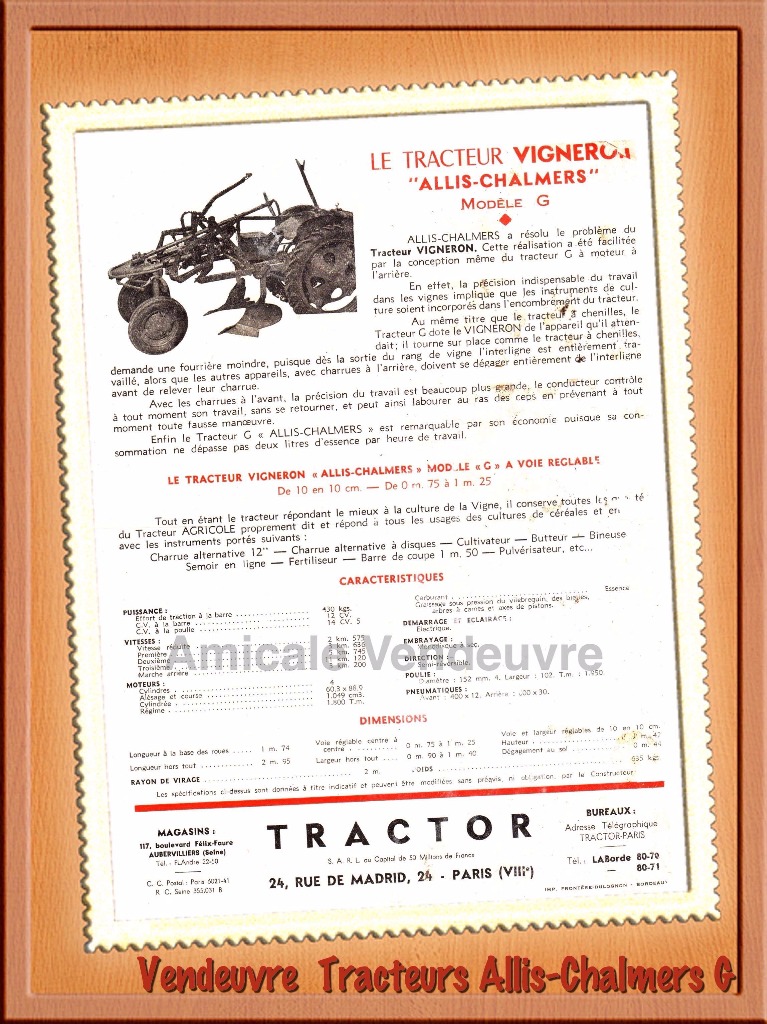 Prospectus du tracteur Allis-Chalmers vigneron type G.