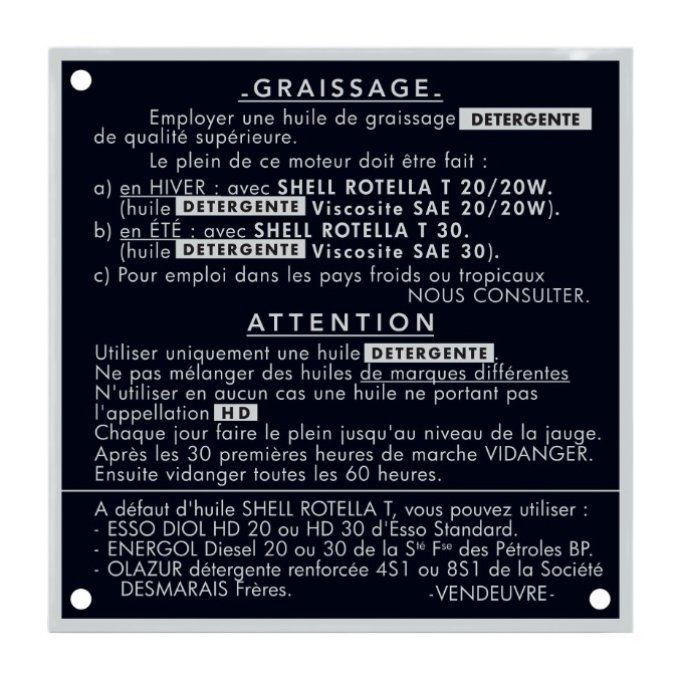 C2001035 plaque graissage moteur Vendeuvre 9cm x 9cm