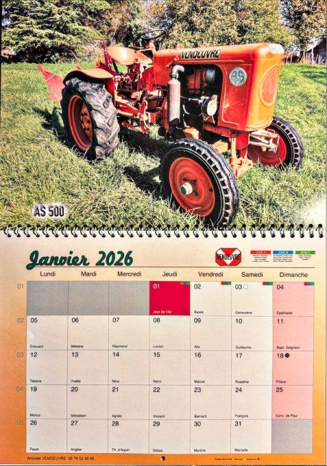 P6102026 Calendrier à spirale de l'Amicale Vendeuvre 30cm x 42cm 12 pages (prix net)