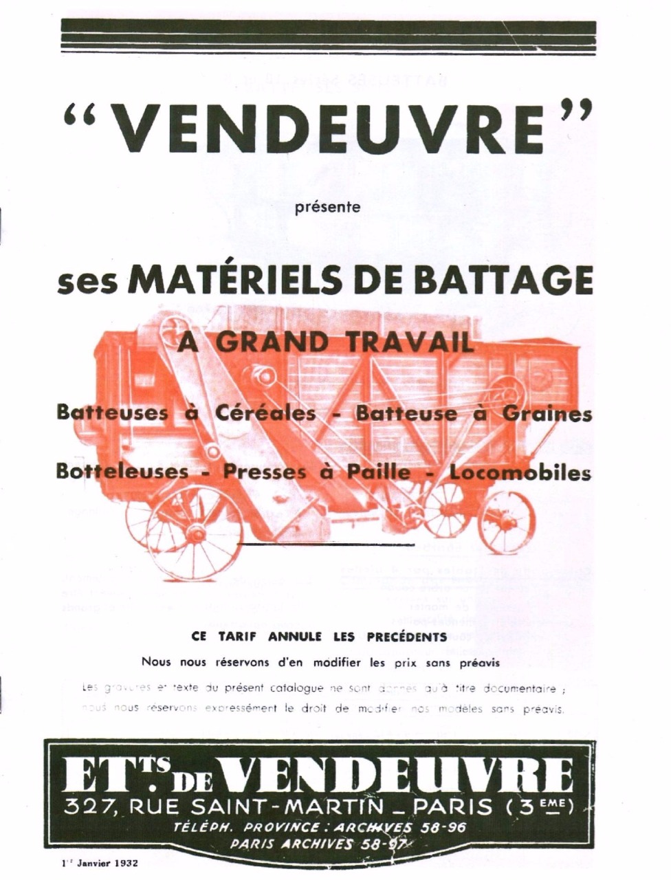 A9008050 Tarif et spécif. mat. de battage 1932