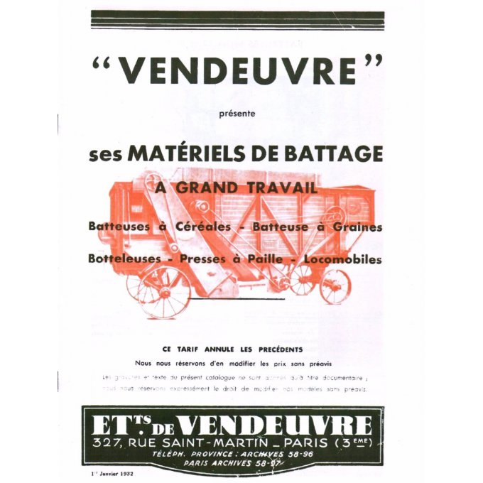 A9008050 Tarif et spécif. mat. de battage 1932