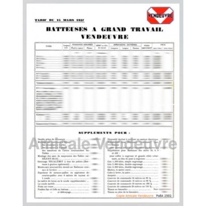 PaBA 2502 Tarif batteuses 1937
