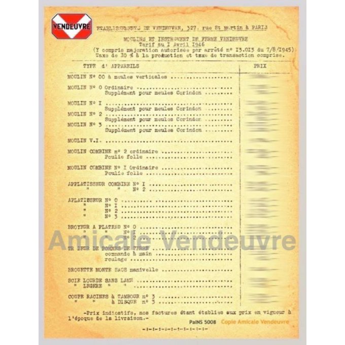 INS 5008 Pdf Tarif moulins, aplat. et divers 1946