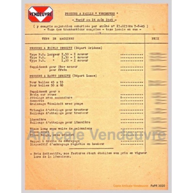 TPaPR 3020 Tarif presse P.O et HD 1945