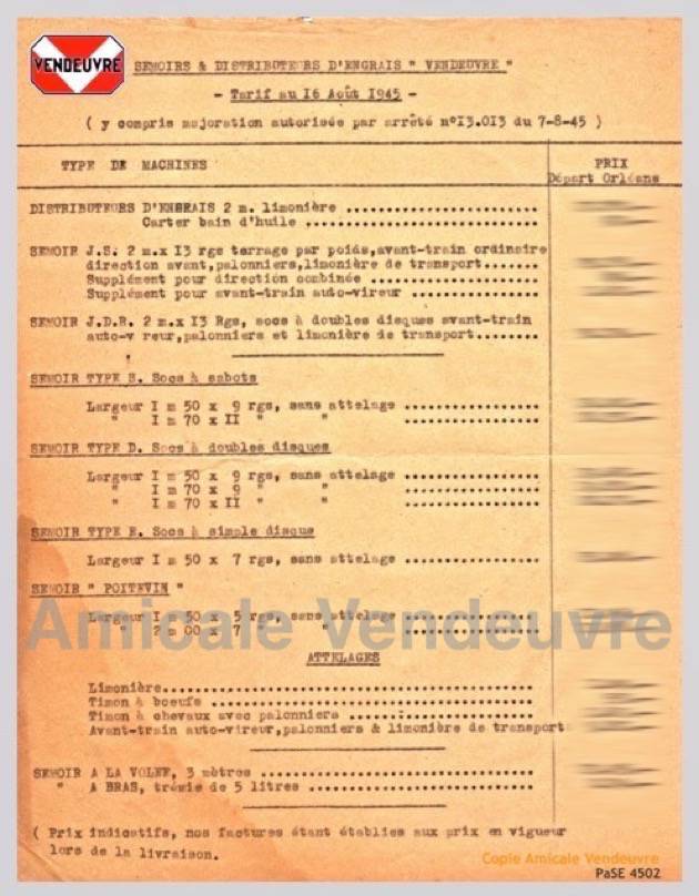 PaSE 4502 Tarif distributeurs et semoirs 1945