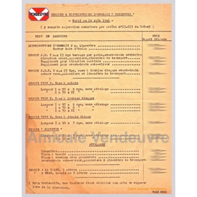 PaSE 4502 Tarif distributeurs et semoirs 1945