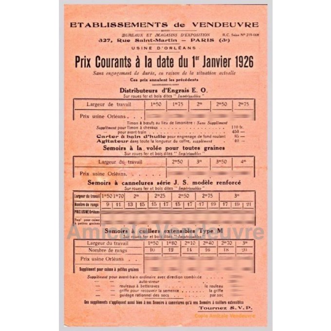 PaSE 4503 Tarif gamme semoirs 1926